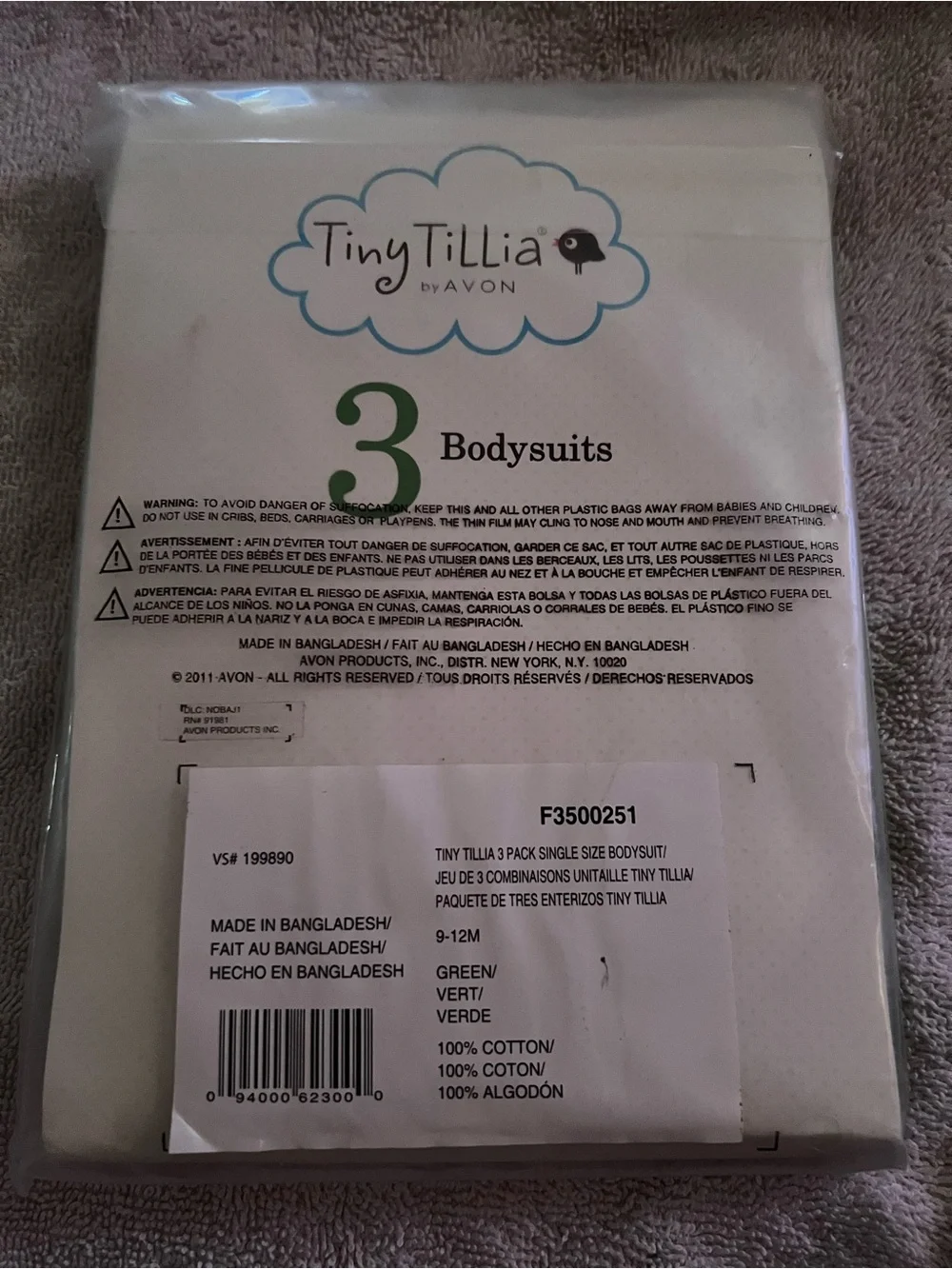 Avon Tiny Tillia Green Baby Bodysuits - 3 Pack, Vintage